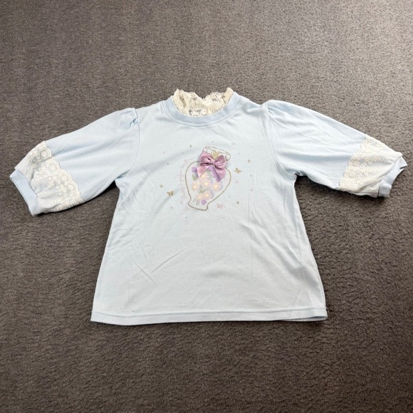axes femme kids Tops - Axes‎ Femme Kids Top Girls 140 Blue Lace Trim Perfume Bottle Graphic Bow